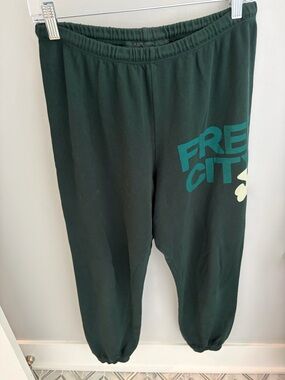FREECITY Dark Green Sweatpants with Teal Logo and Cream Accent Size small